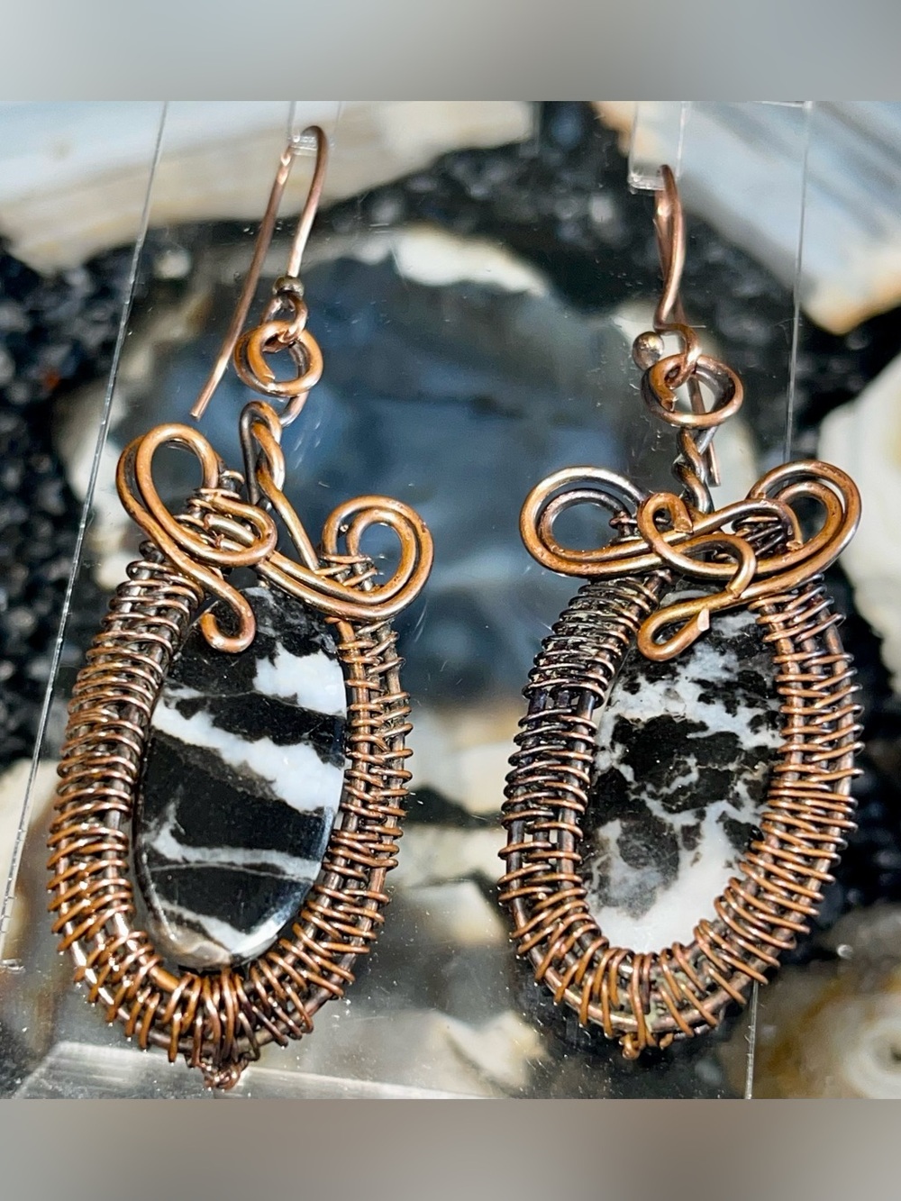 Uneven Handmade Copper Wire-wrapped White Buffalo Turquoise Earrings 2 1/2”